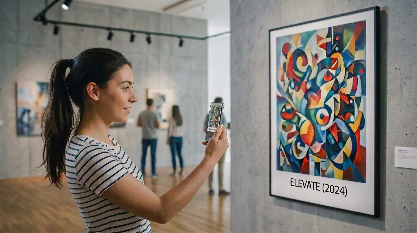 A woman in an art gallery holds up her phone to scan a framed abstract painting with the uncovAR app.