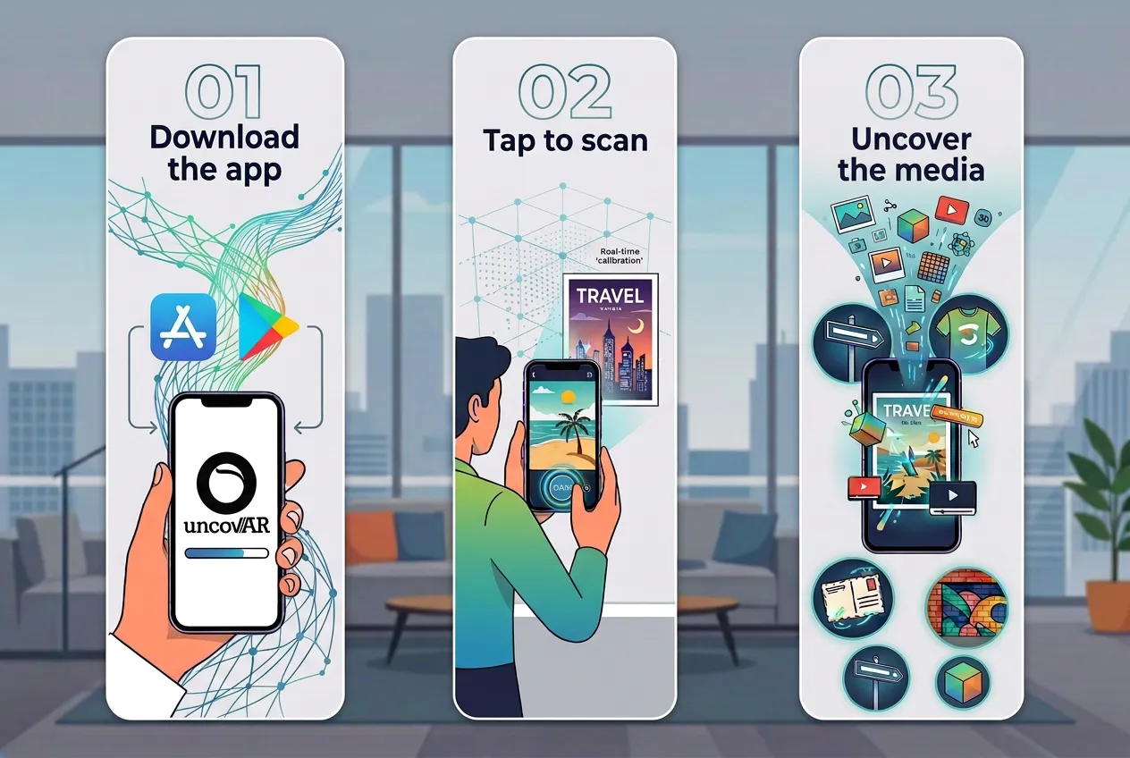 Three panels: download the uncovAR app from the App Store or Google Play, tap to scan a printed poster and uncover the videos, images and links attached to it.